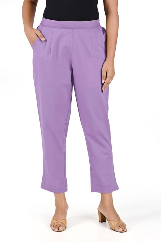 Image of Women's Solid Straight Fit 100% Cotton Trousers | High Waist, Side Pockets, Ankle Length Pants for Office, Casual