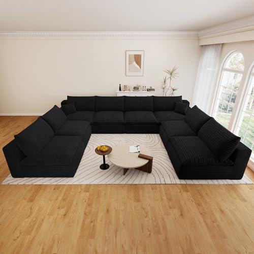 Image of 136 inch Cloud Couch Modular Sectional Sofa for Living Room, U-Shape Boneless Couch with Deep Seat, Modern Corduroy 8-Seater, No Assembly Required, Black