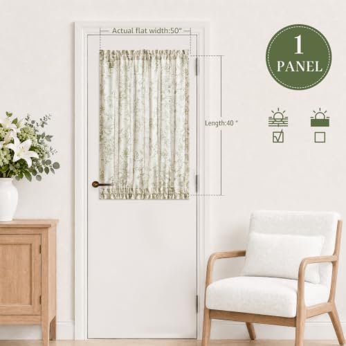 Image of jinchan Alice Floral French Door Curtain Farmhouse Linen for Sliding Glass Door 40 Inches 1 Panel with Tieback Light Filtering Curtain for Window Patio Rod Pocket Green on Linen