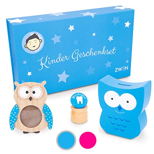 ZWEN Juego de regalo para niños y niñas (grande), caja de recuerdos para bebé como regalo para nacimiento, bautizo, comunión, bautizo con hucha, caja para dientes y marco de fotos, búhos de madera Cover