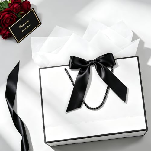 Image of JMANNI Gift Bags with Handles, 13 inch Medium Gift Bag for Presents, 2 Pcs Bags with 4 Tissue Paper and 2 Cards for Baby Shower Wedding Bridal Shower Mother's Day Birthday Party(white-Black)