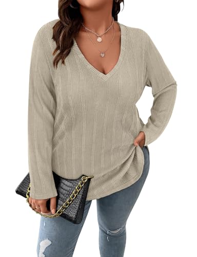 Image of Koscacy Women Plus Size Casual Knit Sweater V Neck Solid Color Tops Lightweight Long Sleeve Blouses