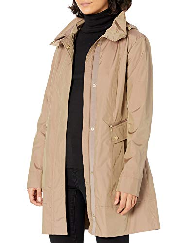 Cole Haan Women's Single Breasted Packable Rain Jacket with Removable Hood, Champagne, X-Large