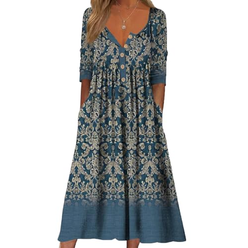 Image of Women's Casual V Neck Midi Tshirt Dress Boho 2025 Summer Short Sleeve Beach Dresses with Pockets