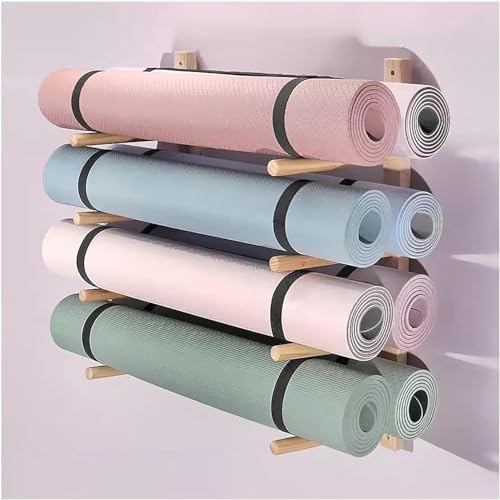 Wall-Mounted Yoga Mat & Foam Roller Rack, Wooden Storage Holder for Exercise Mats, Space-Saving Organizer for Home Gym & Fitness Class Display Stand