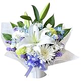 花由 お供え 仏花 アレンジメント 生花 (ユリ＋季節のお花 青紫系/Ｓサイズ) 花 法事 法要 命日 (高さ約40cm) お悔やみ 花