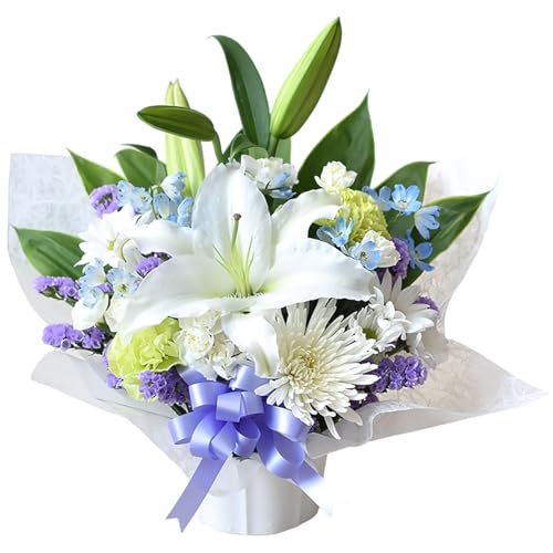 花由 お供え 仏花 アレンジメント 生花 (ユリ+季節のお花 青紫系/Sサイズ) 花 法事 法要 命日 (高さ約40cm) お悔やみ 花