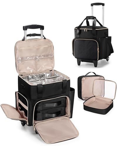 Prokva Rolling Hairstylist Travel Bag Hair Tool Bag with 2 Removable Pouches and Heat Insulation Layer Makeup Cosmetology Bag on Wheels for Hairdresser Black