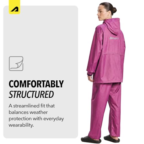 Image of Boldfit Rain Coat Set for Women Waterproof Rainwear for Women Top & Bottom Combo Easy Adjustable Rain Coat Waterproof Outdoor Rainwear for Girls- Purple, M-L