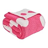 CozeCube Super Soft Fullfy Microfiber Reversible Knitted Blankets, Warm Cozy Fuzzy Plush Throw, Hot Pink and White Polka Dot Throw Blanket for Couch Bed Sofa, 60' x 80'