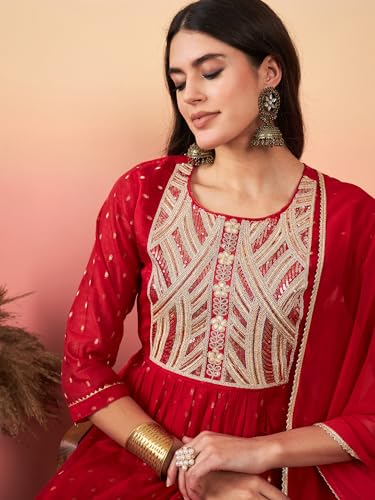 Image of INDO ERA Navy Blue A-Line Embroidered Silk Kurta Trouser With Dupatta Set For Women