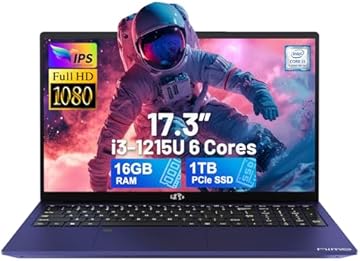 NIMO 17.3" IPS FHD-Laptop, Intel 6 Cores i3-1215U 16GB RAM 1TB SSD (Beat Ryzen 5 7520U, Up to 4.4GHz) Computer with 65W GaN Type C Backlit Keyboard Fingerprint, for Home Student and Business Blue