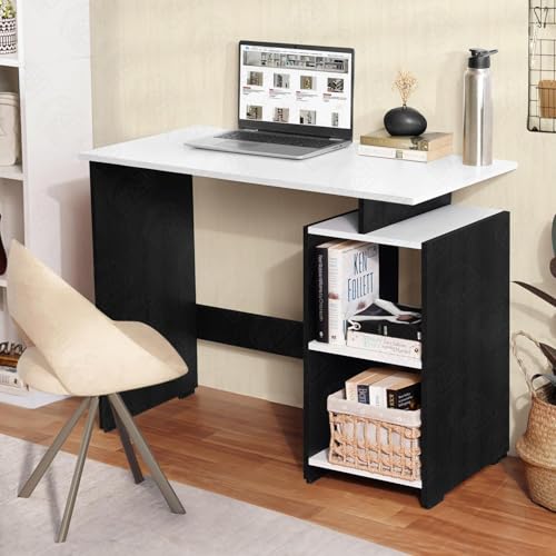 Image of ABOUT SPACE Study Table with 2 Tier Bottom Storage - Office Desk - WFH /Office Computer Table for Laptop, Home PC- Engineering Wood Working, Drawing (Black Mahogany & White-L 100 x B 50 x H 75 cm)