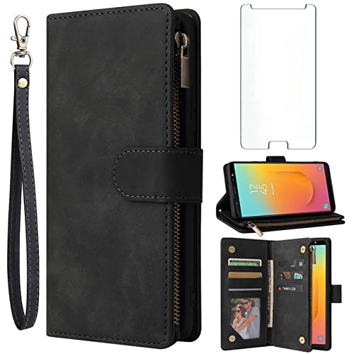 Asuwish Compatible with Samsung Galaxy A6 Plus/J8 2018 Wallet Case and Tempered Glass Screen Protector Flip Cover Card Holder Stand Cell Accessories Phone Cases for Gaxaly A6+ A6Plus 6A + Women Black