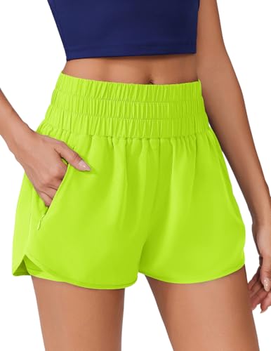 PINSPARK Womens Athletic Running Shorts Workout Gym High Waisted Dolphin Shorts Quick Dry Yoga Active Short with Zip Pocket Neon Green M