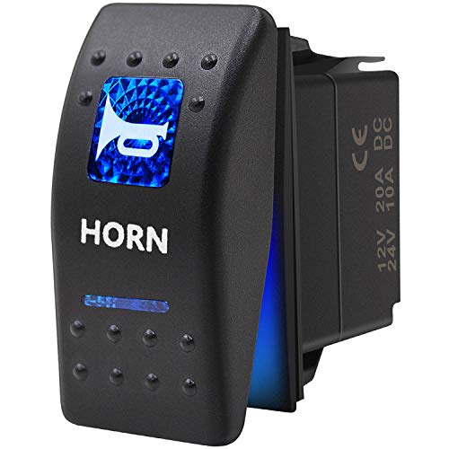 Momentary Horn Button Waterproof Rocker Switch Toggle - ON/OFF Blue LED Light - 12V 20Amp 24V 10Amp, 5 Pin For Automotive Cars Vehicles Marine Boats Trucks Trailers 4x4 Caravans RVs SUV ATV UTV & More