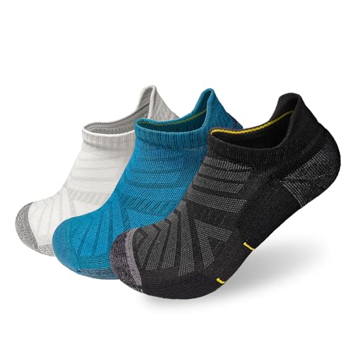 Zepsalio Merino Wool Ankle Running Hiking Socks Compression Thick Cushion Breathable No Show Socks for Men Women 3Pack (AU, Alpha, Medium, Regular, Regular, Black/Grey/Lake Blue)