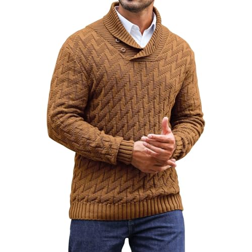 Men's Shawl Collar Pullover Solid Sweater Casual Cable Knit Button-Up Tops2