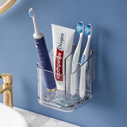 Porte-Brosse à Dents Mural Sans Perçage, Support de Rangement 3 Compartiments Amovible pour Brosse à Dents et Dentifrice, Organisateur Salle de Bain...