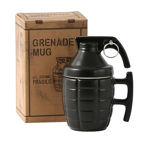 MBSM Tasse créative de 266 ml, tasse de grenade à la main, tasse à café grenade à la main, tasse à bière 3D, tasse à cappuccino amusante, tasse à thé avec couvercle, cadeau amusant