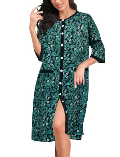 Image of Bloggerlove House Dress Women Cotton Snap Front Nightgown 3 /4 Sleeve Housecoat Duster Robe with Pockets Moomoo Patio Dress