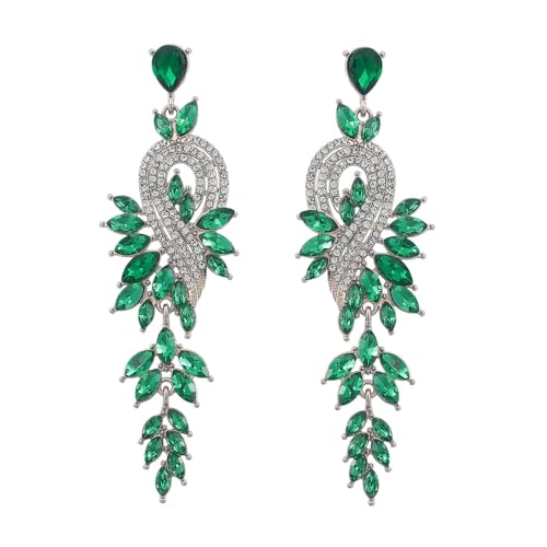 XFSRG Boucles D'oreilles Élégantes Motif Paon Cristaux Brillants Bijoux Longues Pendantes Strass Luxe