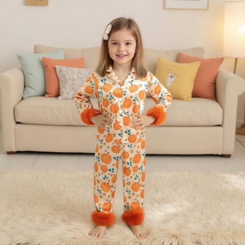 Toddler Baby Kids Girl Satin Pajamas Set Furry Pjs Button Down tops and pants Halloween Christmas Silk Sleepwear3