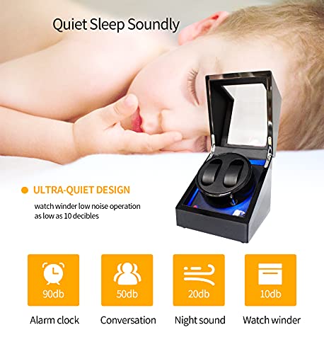 Image of Oryx Double Watch Winders for Automatic Watches, Rotating Watch Case, LED Light, Battery or AC /USB Powered, Super Quiet Mabuchi Motor, Black+Black+LED, Luxury
