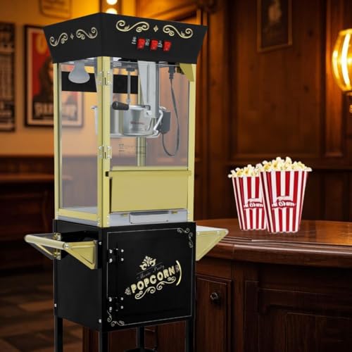 Image of 12oz Popcorn Machine Cart, Popcorn Cart with Wheels, Vintage Popcorn Machine with Stainless Steel Kettle, Movie Theater Style Popcorn Machine for Party, Black