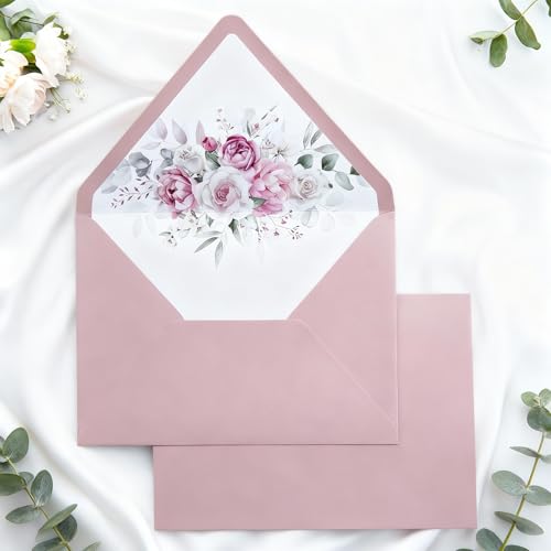 PONATIA 50 PCS/Pack A7 Envelopes, Dusty Rose Euro Flap Liner 5x7 Envelopes