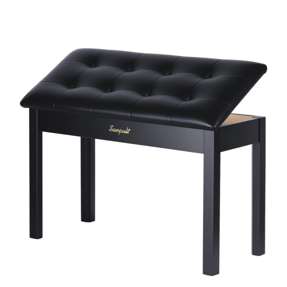Sanpuli Solid Wood Duet Piano Bench with Storage, Piano Stool and Padded Cushion, Keyboard Bench with Bookcase, Piano Chair and Piano Seat with High-Density Sponges.