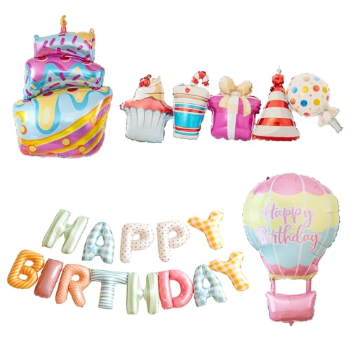 Juego de globos de papel de aluminio, 4 piezas, globos de cumpleaños infantiles con tarta, dulces y globos aerostáticos, globos de aluminio para cumpleaños infantiles, decoración de fiestas, baby