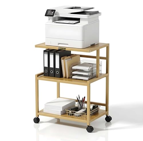 Image of Premium Metal Iron Golden Printer Stand with Wheels - Heavy-Duty & Stylish Storage Solution for Files, and Essentials - Durable, Modern & Perfect for Homes & Offices. (Golden)
