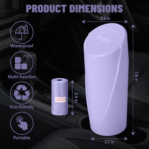 Image of Car Trash Can Bin with Lid - Car Garbage Can Cup Holder - Light Purple Mini Leakproof Vehicle Garbage Bin with 20pcs Trash Bags-Automotive Organizers and Storage for Front Back Seat Accessories