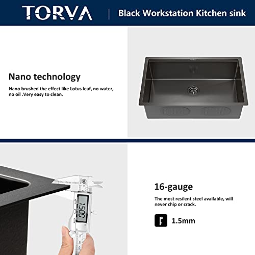 TORVA 32-Inch Gloss Black Workstation Undermount Single Bowl Kitchen Sink, 16 Gauge Stainless Steel with Ceramic Coating and NanoTek Sink with Bamboo Cutting Board and Drain Tray