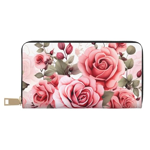 Long Large Leather Wallet Stylish Personalized Print Checkbook Card Wallet Phone Purse Clutch Bag (Blossoming Rose Flowers)