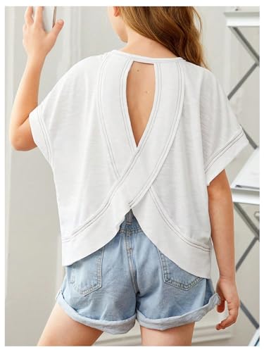 WDIRARA Girl's Cut Out Backless Loose Fit Tee Top Summer Round Neck Dolman Sleeve Solid Casual T-Shirt3