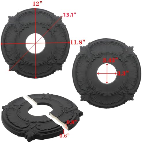 Image of PU Ceiling Medallions 2Pcs, 13.1 Inches x 3.38 Inches, Matte Black | Split Type, Fits 3.38 Inches Canopy, European Vintage Carving Style, Synthetic Foam Construction for Easy Installation