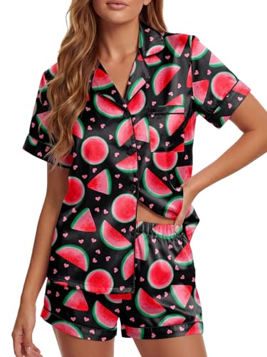 LYANER Women's Satin Silky Pajamas Set Short Sleeve Button Shirt with Shorts Pjs Sleepwear Loungewear Watermelon Black X-Small