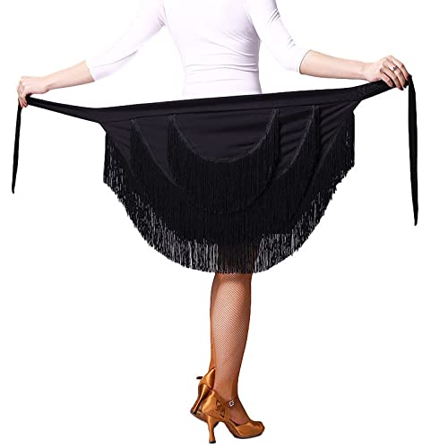 Women's Dance Skirts Ballroom Latin Dance Dress Tango Dance Skirt Apron Tassel Skirt Dance Practice Performance Hip Scarf (Black-Three Tassel) #TOP16