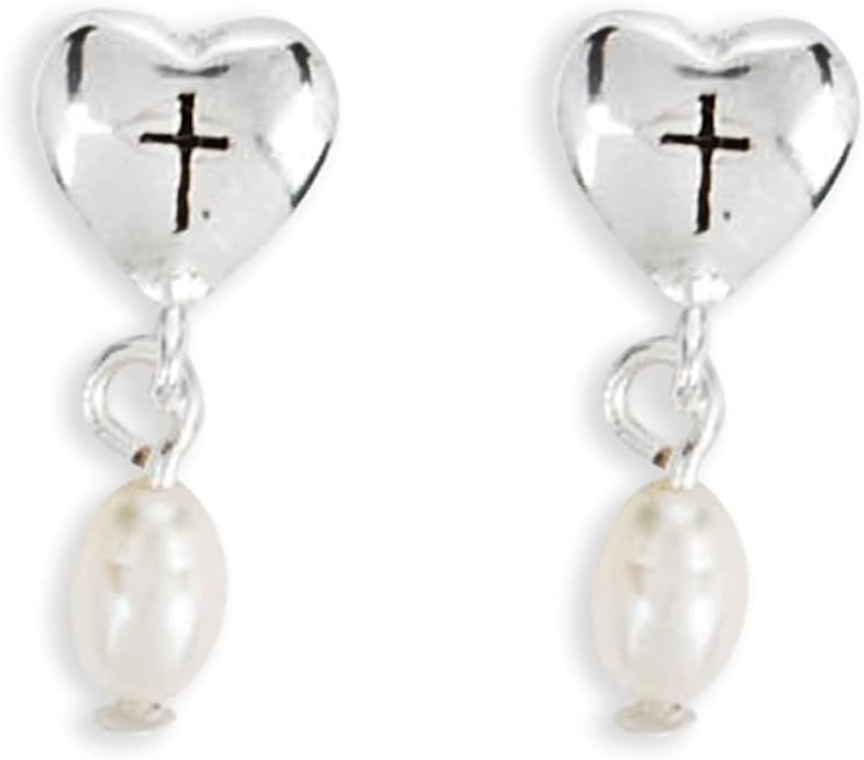 First Holy Communion Heart Cross Pearl Drop One Size Silver-Plated Earrings