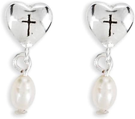 First Holy Communion Heart Cross Pearl Drop One Size Silver-Plated Earrings