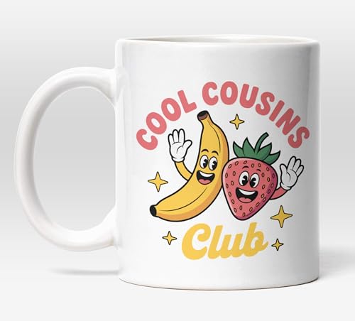 Millhouse Prints Cool Cousins Club Mug – Cartoon Fruit Characters – Family Bond Coffee Cup – 11oz Ceramic