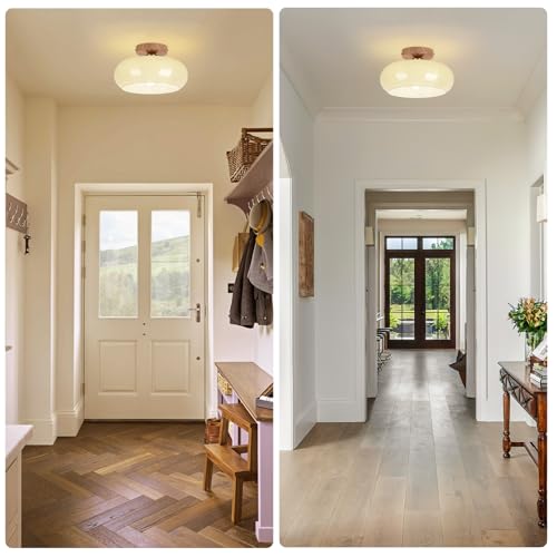 Image of Mid Century Modern Schoolhouse Semi Flush Mount Ceiling Light, Cream Glass Lamp with Wood Grain Metal Base, Rustic Farmhouse Lighting Fixture for Bedroom, Hallway, Dining, Living, Entryway
