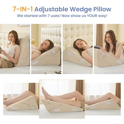 Image of Sasttie Wedge Pillow for After Surgery, Adjustable Bed Wedge Pillow Headboard for Acid Reflux, Sleeping, Neck & Back Support, with Removable Cover, Beige