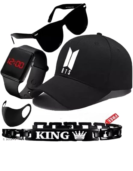Giffemans Baseball Cotton Blend Casual Caps|Black Sunglasses|Black Mask|King Bracelet |Multi Function Digital Sports Watch for Men's and Women's Combo Pack of 5-picture-56