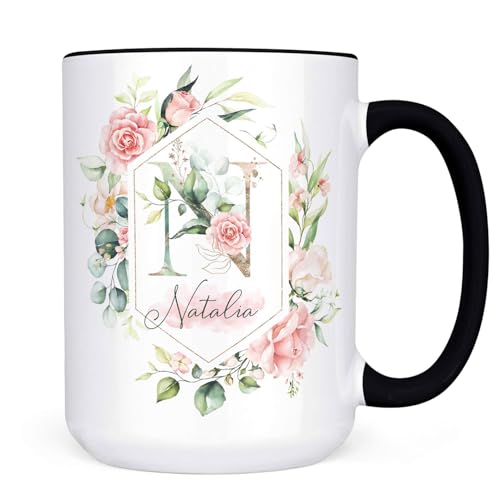 Taza de cerámica personalizada con monograma floral 11 oz miniatura 1