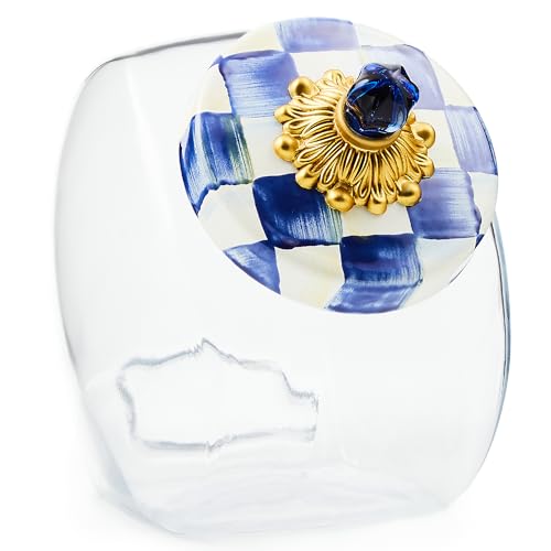 MACKENZIE-CHILDS Cookie Jar with Enamel Lid, Large Glass Treat Jar or Kitchen Jar, 1-Gallon Capacity, Blue-and-White Royal Check