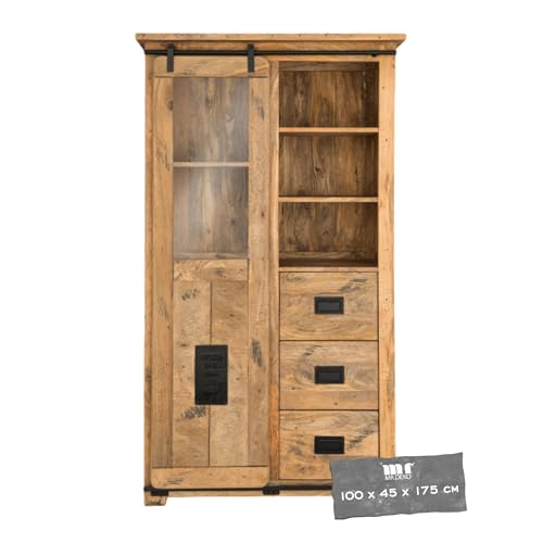 MR. DEKO Vitrine Florenz Mango Holz | Vitrinenschrank mit Glas & Schiebetür | Bücherregal im Retro Stil | Schubladenschrank für Wohnzimmer Esszimmer Flur | Massives Sideboard Highboard 100x45x175cm