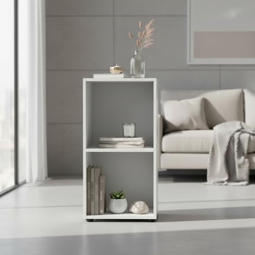 INDE MOBLEKIT | Estantería Cubo 2 Compartimentos 31x29.7x61.2 cm, Estantería Baja Blanca de Madera, Mesita de Noche Moderna o Mueble Auxiliar para Dormitorio y Almacenamiento Hogar